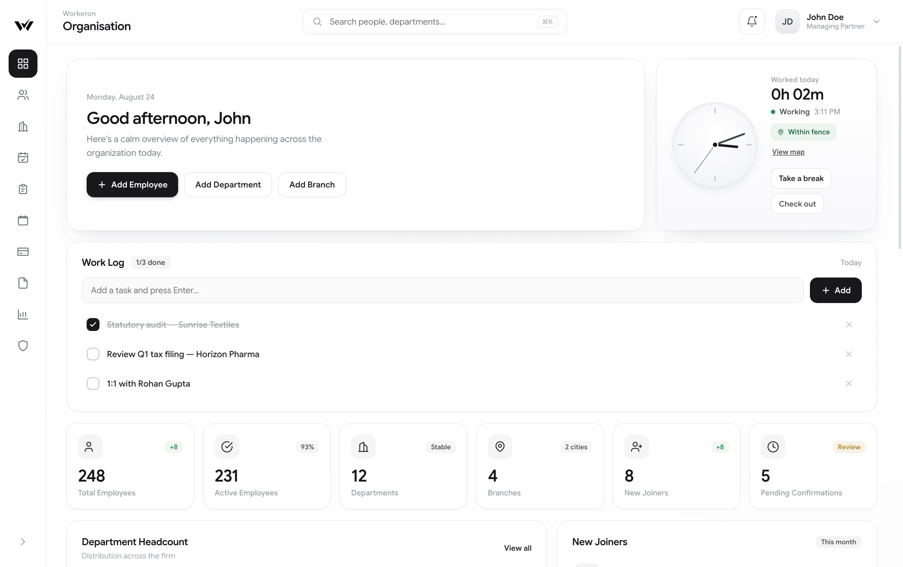 The Workeron organisation dashboard, showing the day's greeting, a work log, a geo-fenced check-in clock and headcount figures across branches.